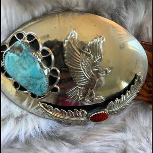 Vintage belt with turquoise and jade eagle buckle. Size 36 buckle is removable.